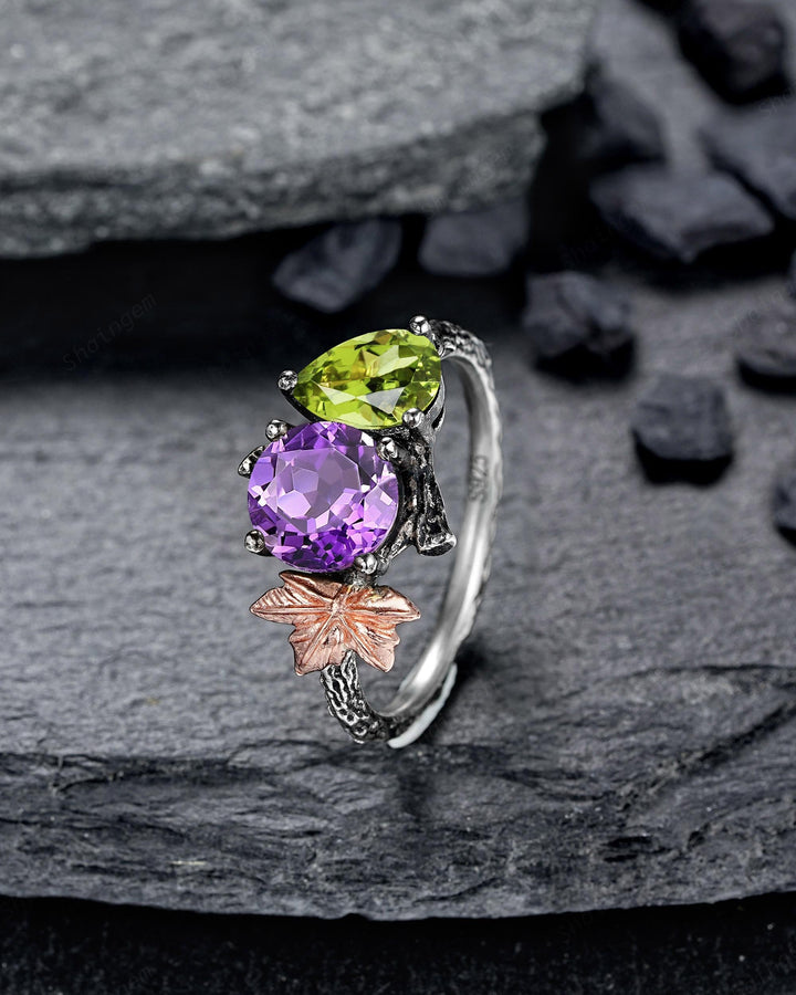 Gothic Toi Et Moi Two Tones Maple Leaf Engagement Ring, Black Rhodium Nature Inspired Vine Promise Wedding Ring, Two Stones Amethyst Peridot - ShainJewelry