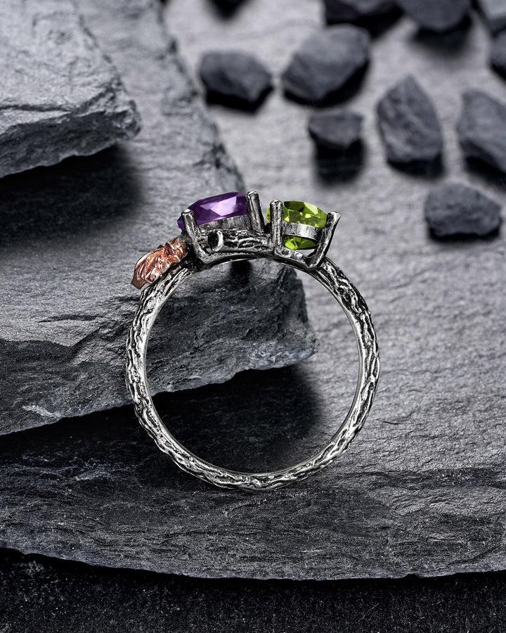 Gothic Toi Et Moi Two Tones Maple Leaf Engagement Ring, Black Rhodium Nature Inspired Vine Promise Wedding Ring, Two Stones Amethyst Peridot - ShainJewelry
