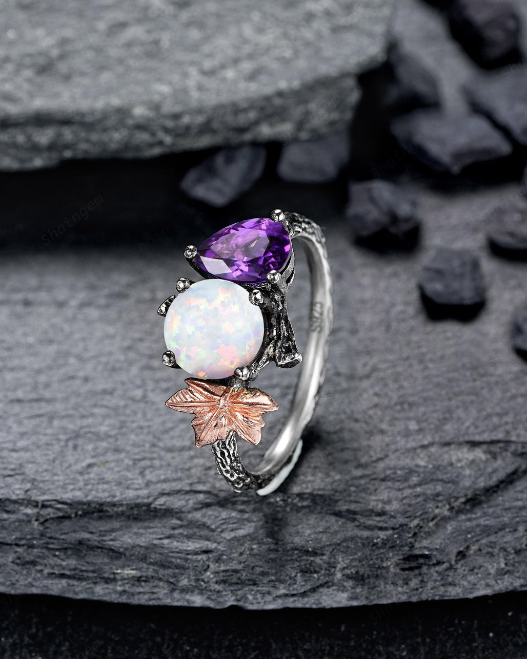 Gothic Toi Et Moi Two Tones Maple Leaf Engagement Ring, Black Rhodium Promise Wedding Ring, Black Gold Two Stones White Opal and Amethyst - ShainJewelry