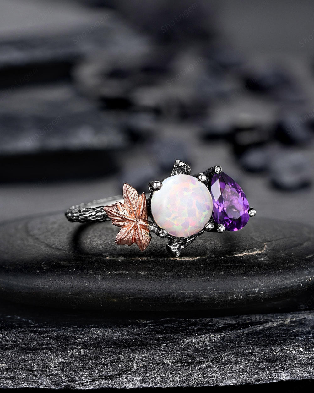 Gothic Toi Et Moi Two Tones Maple Leaf Engagement Ring, Black Rhodium Promise Wedding Ring, Black Gold Two Stones White Opal and Amethyst - ShainJewelry