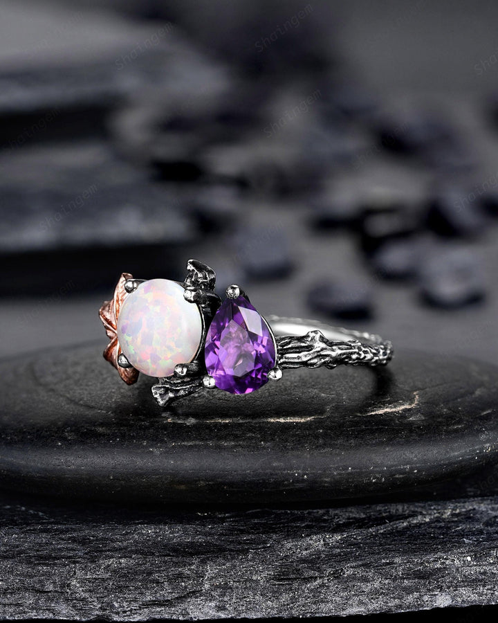 Gothic Toi Et Moi Two Tones Maple Leaf Engagement Ring, Black Rhodium Promise Wedding Ring, Black Gold Two Stones White Opal and Amethyst - ShainJewelry
