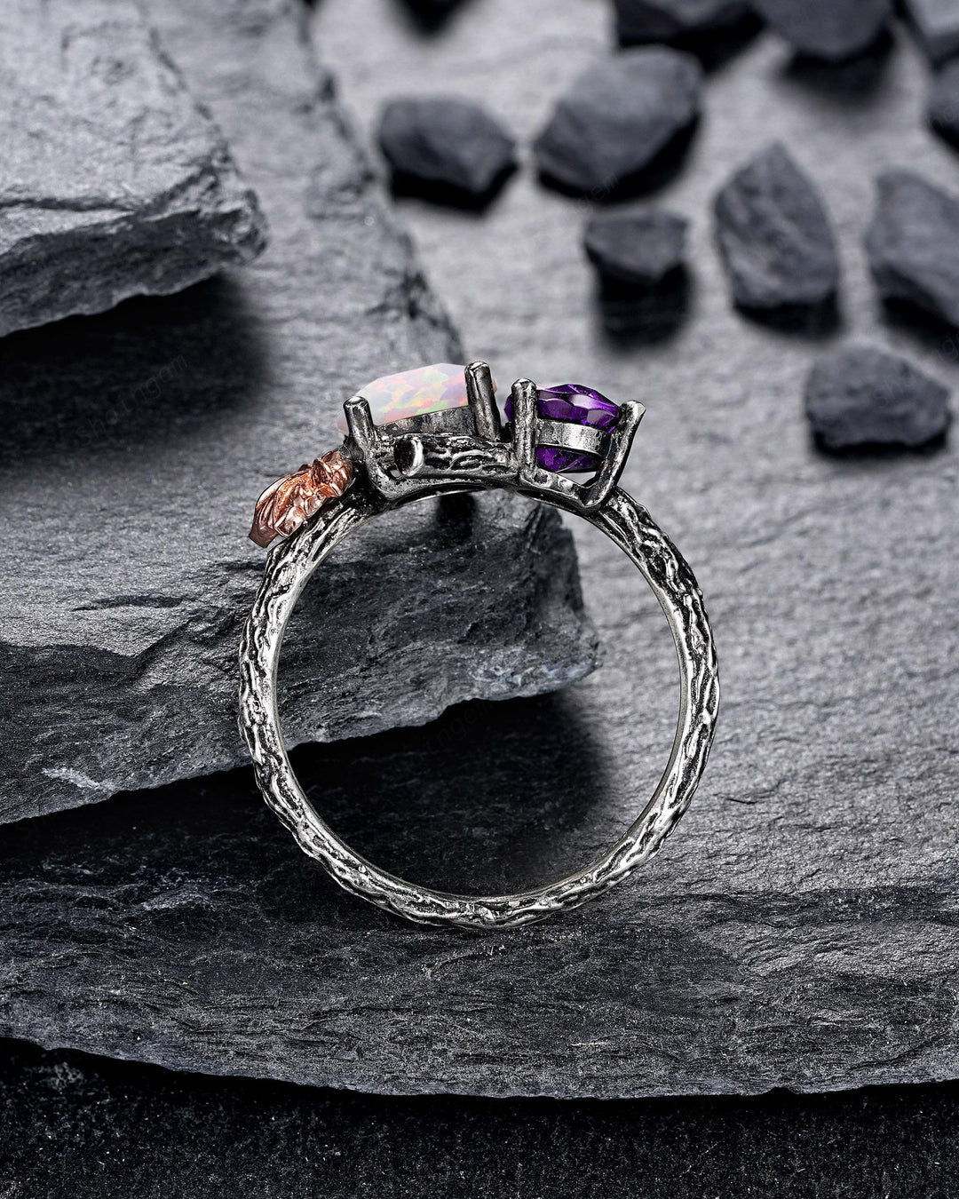Gothic Toi Et Moi Two Tones Maple Leaf Engagement Ring, Black Rhodium Promise Wedding Ring, Black Gold Two Stones White Opal and Amethyst - ShainJewelry
