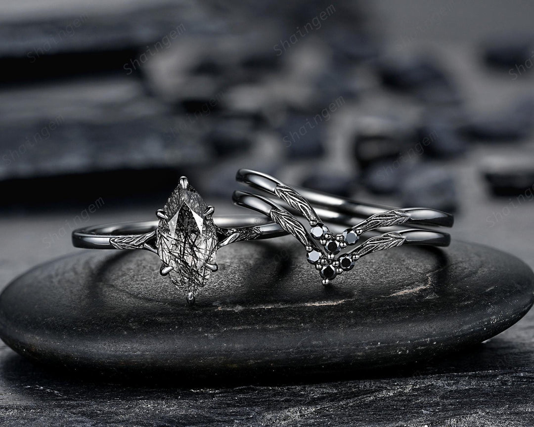 3PCS Marquise Cut Black Rutilated Quartz Engagement Ring Set, Gothic Bridal Set, Black Rhodium Wedding Set, Black Promise Rings, Witchy Ring - ShainJewelry