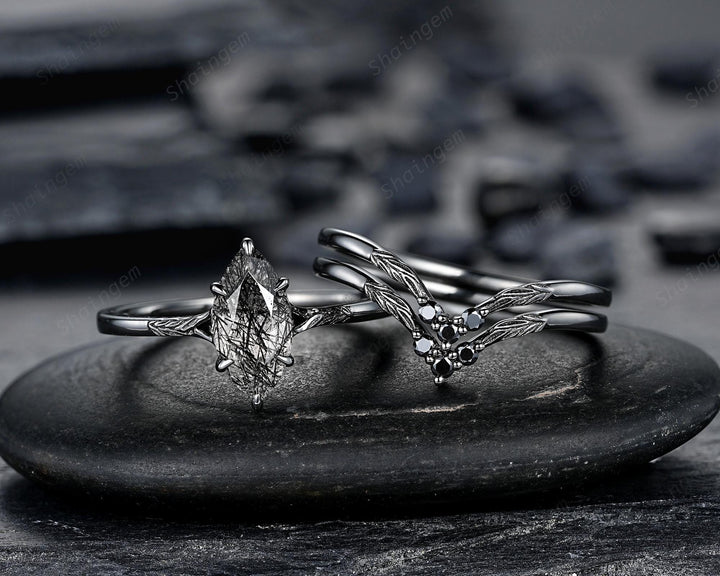 3PCS Marquise Cut Black Rutilated Quartz Engagement Ring Set, Gothic Bridal Set, Black Rhodium Wedding Set, Black Promise Rings, Witchy Ring - ShainJewelry