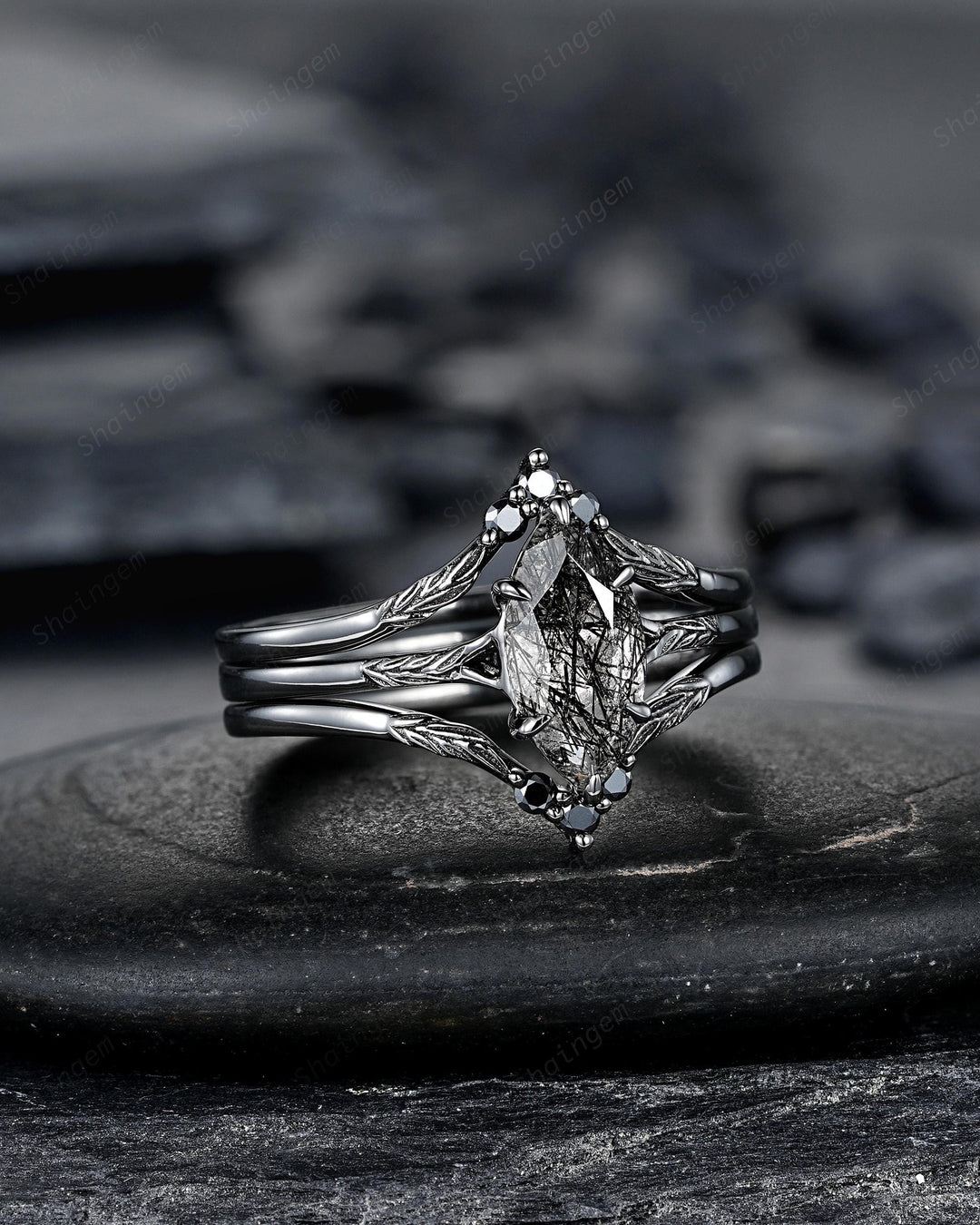 3PCS Marquise Cut Black Rutilated Quartz Engagement Ring Set, Gothic Bridal Set, Black Rhodium Wedding Set, Black Promise Rings, Witchy Ring - ShainJewelry