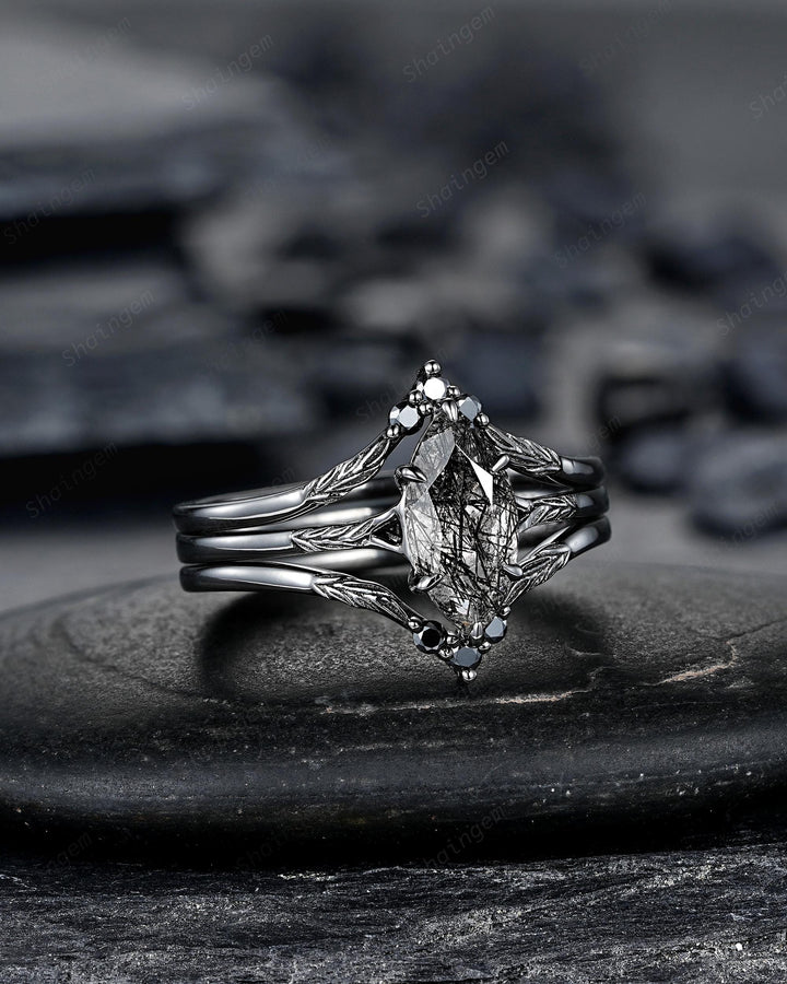 3PCS Marquise Cut Black Rutilated Quartz Engagement Ring Set, Gothic Bridal Set, Black Rhodium Wedding Set, Black Promise Rings, Witchy Ring - ShainJewelry