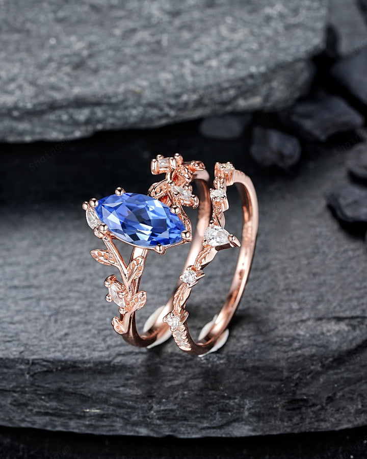 Marquise Blue Sapphire Engagement Rings: Solid Rose Gold Twig Branch Wedding Set, Nature Inspired Leaf Vine Promise Ring, 24K Gold Plated - ShainJewelry