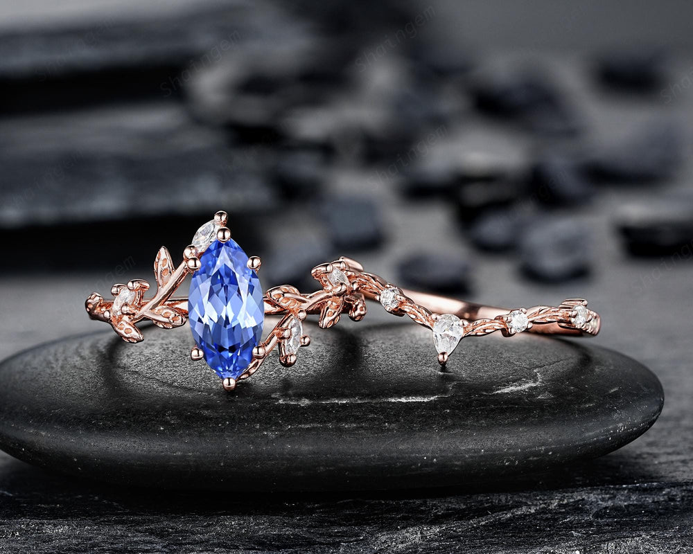 Marquise Blue Sapphire Engagement Rings: Solid Rose Gold Twig Branch Wedding Set, Nature Inspired Leaf Vine Promise Ring, 24K Gold Plated - ShainJewelry