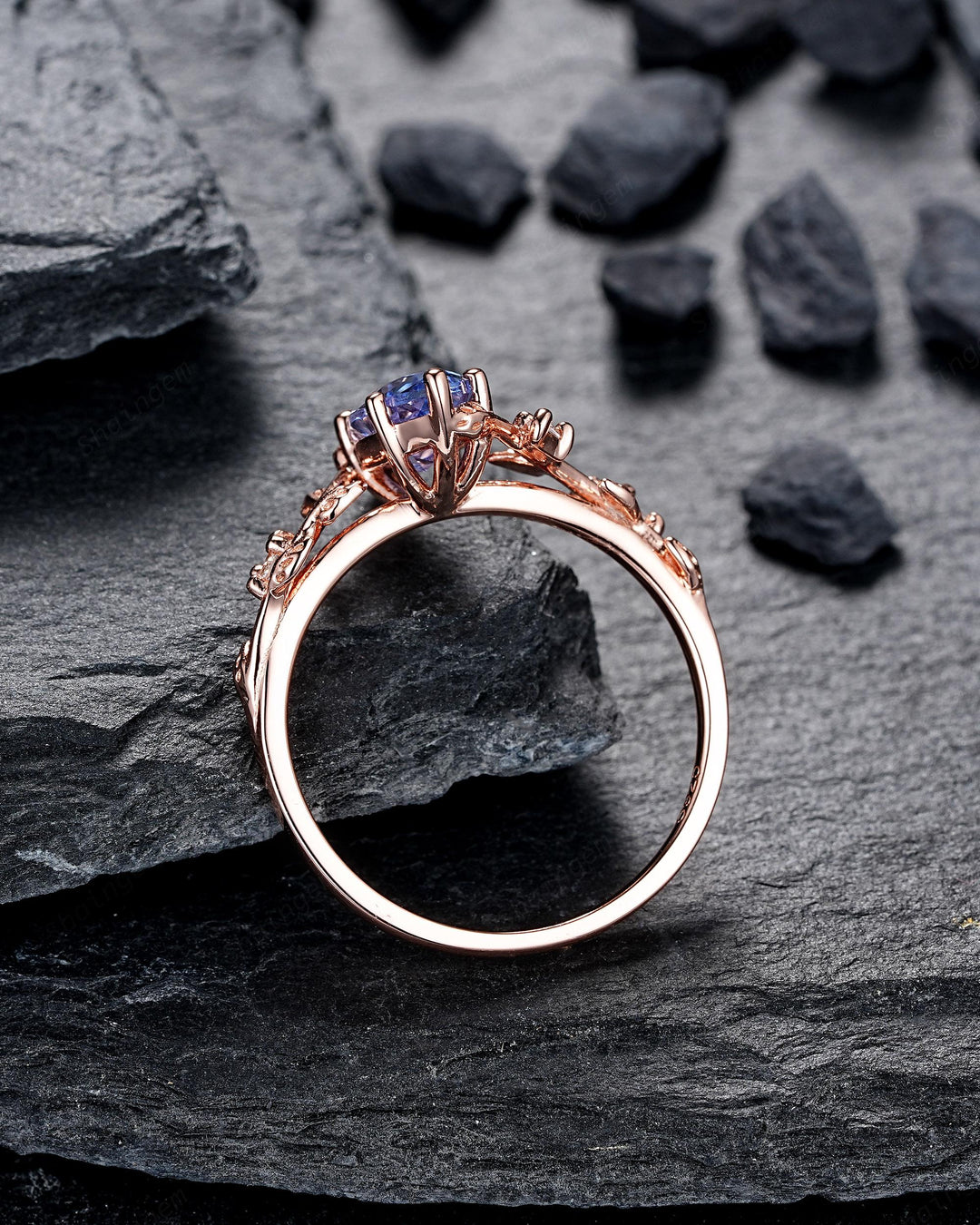 Marquise Blue Sapphire Engagement Rings: Solid Rose Gold Twig Branch Wedding Set, Nature Inspired Leaf Vine Promise Ring, 24K Gold Plated - ShainJewelry