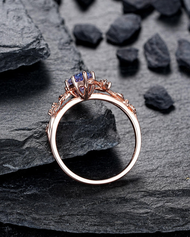 Marquise Blue Sapphire Engagement Rings: Solid Rose Gold Twig Branch Wedding Set, Nature Inspired Leaf Vine Promise Ring, 24K Gold Plated - ShainJewelry