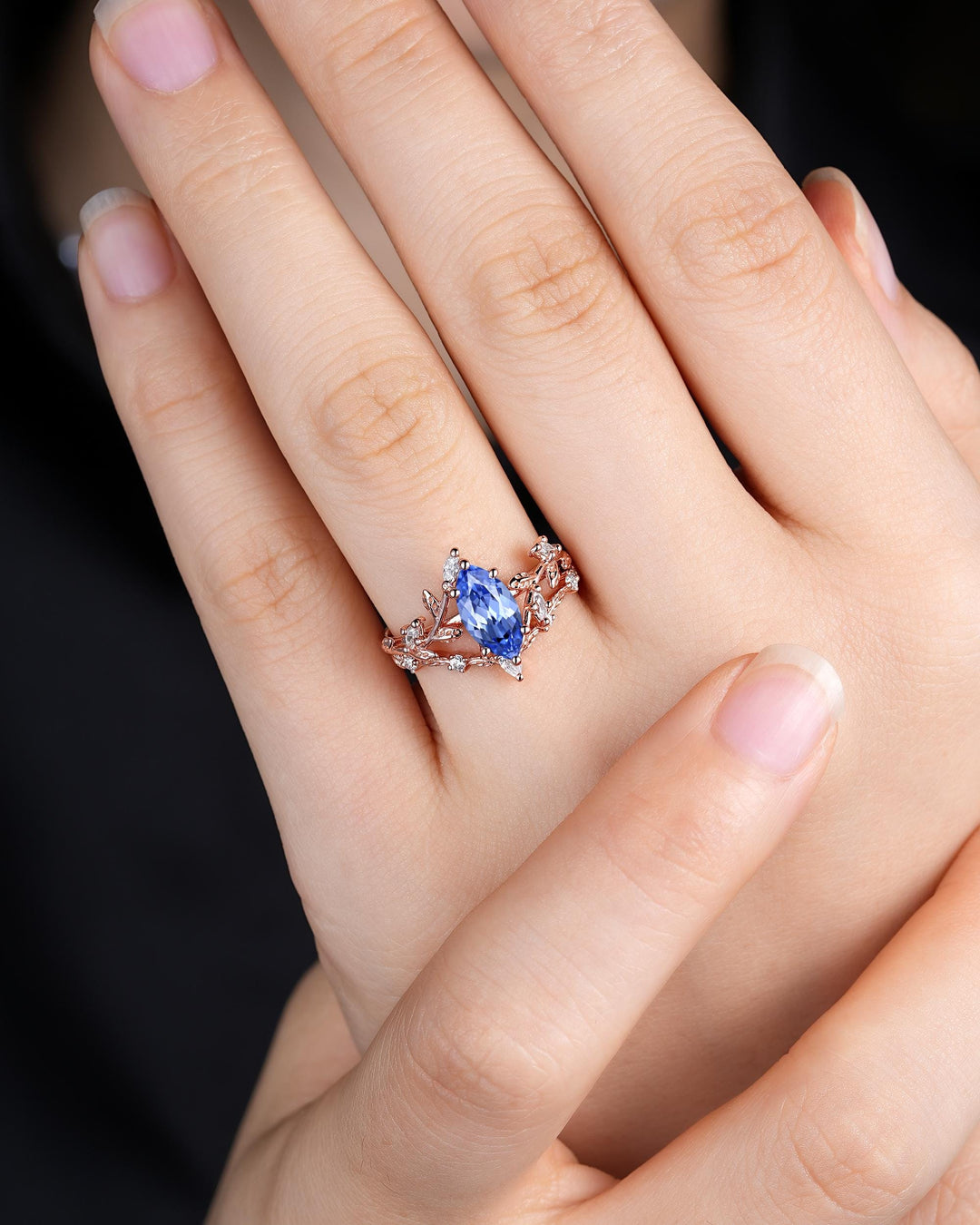 Marquise Blue Sapphire Engagement Rings: Solid Rose Gold Twig Branch Wedding Set, Nature Inspired Leaf Vine Promise Ring, 24K Gold Plated - ShainJewelry