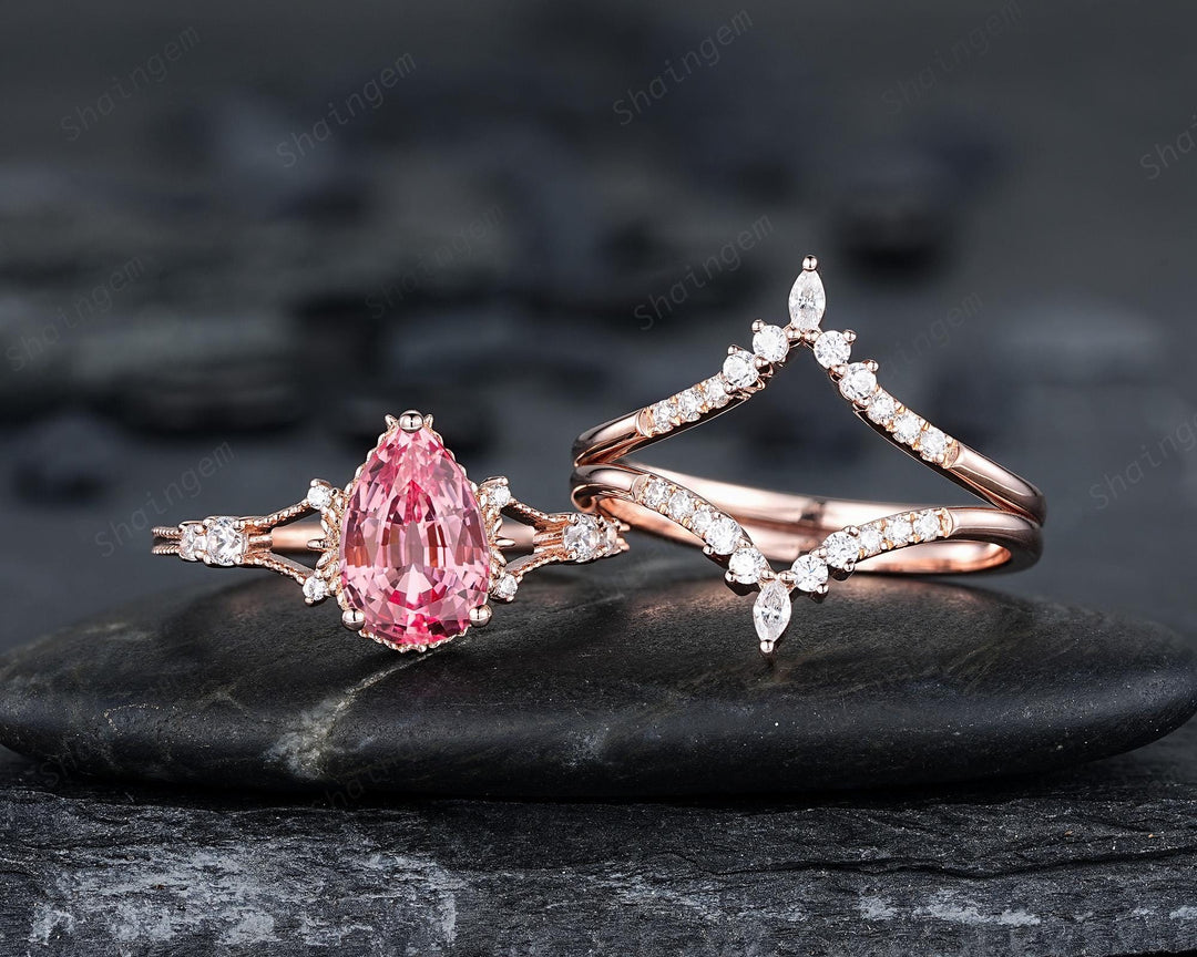 3PCS Pear Shape Pink Sapphire Engagement Ring Set, Solid Rose Gold Bridal Set, Unique Split Shank Wedding Set Promise Ring, Platinum Rings - ShainJewelry