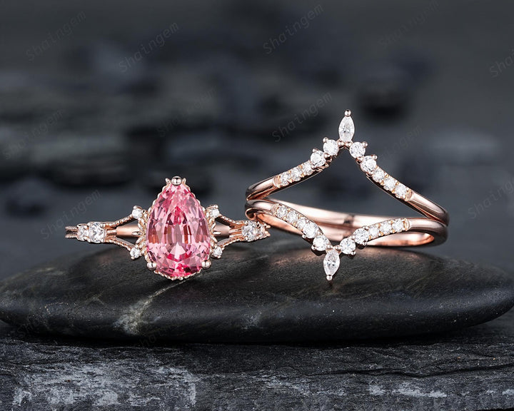 3PCS Pear Shape Pink Sapphire Engagement Ring Set, Solid Rose Gold Bridal Set, Unique Split Shank Wedding Set Promise Ring, Platinum Rings - ShainJewelry