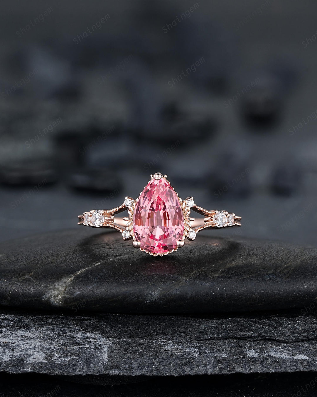 3PCS Pear Shape Pink Sapphire Engagement Ring Set, Solid Rose Gold Bridal Set, Unique Split Shank Wedding Set Promise Ring, Platinum Rings - ShainJewelry