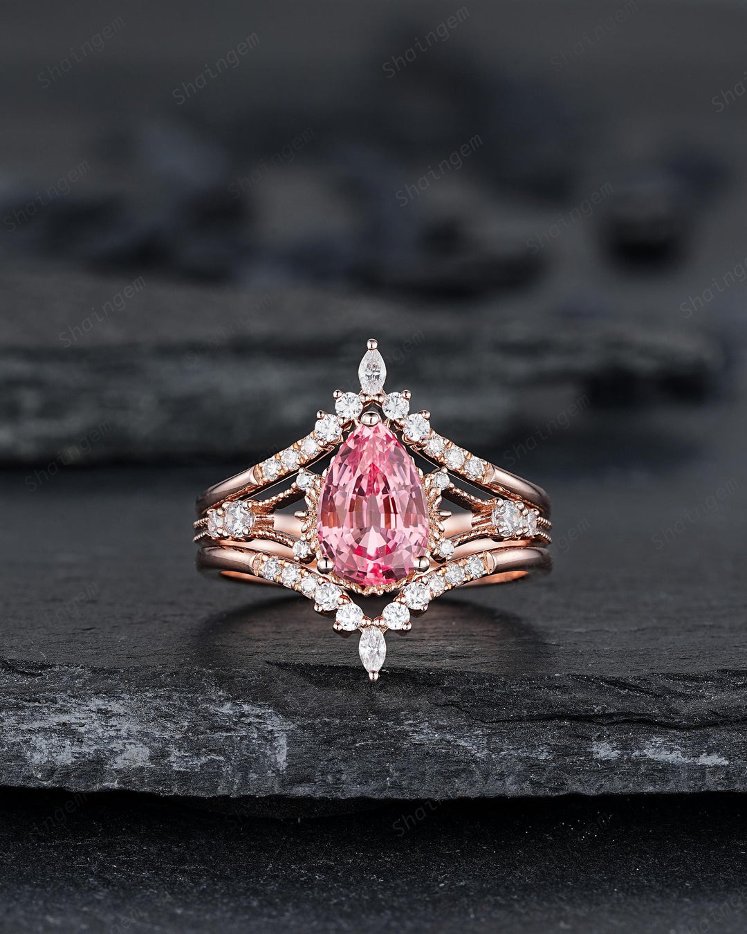 3PCS Pear Shape Pink Sapphire Engagement Ring Set, Solid Rose Gold Bridal Set, Unique Split Shank Wedding Set Promise Ring, Platinum Rings - ShainJewelry