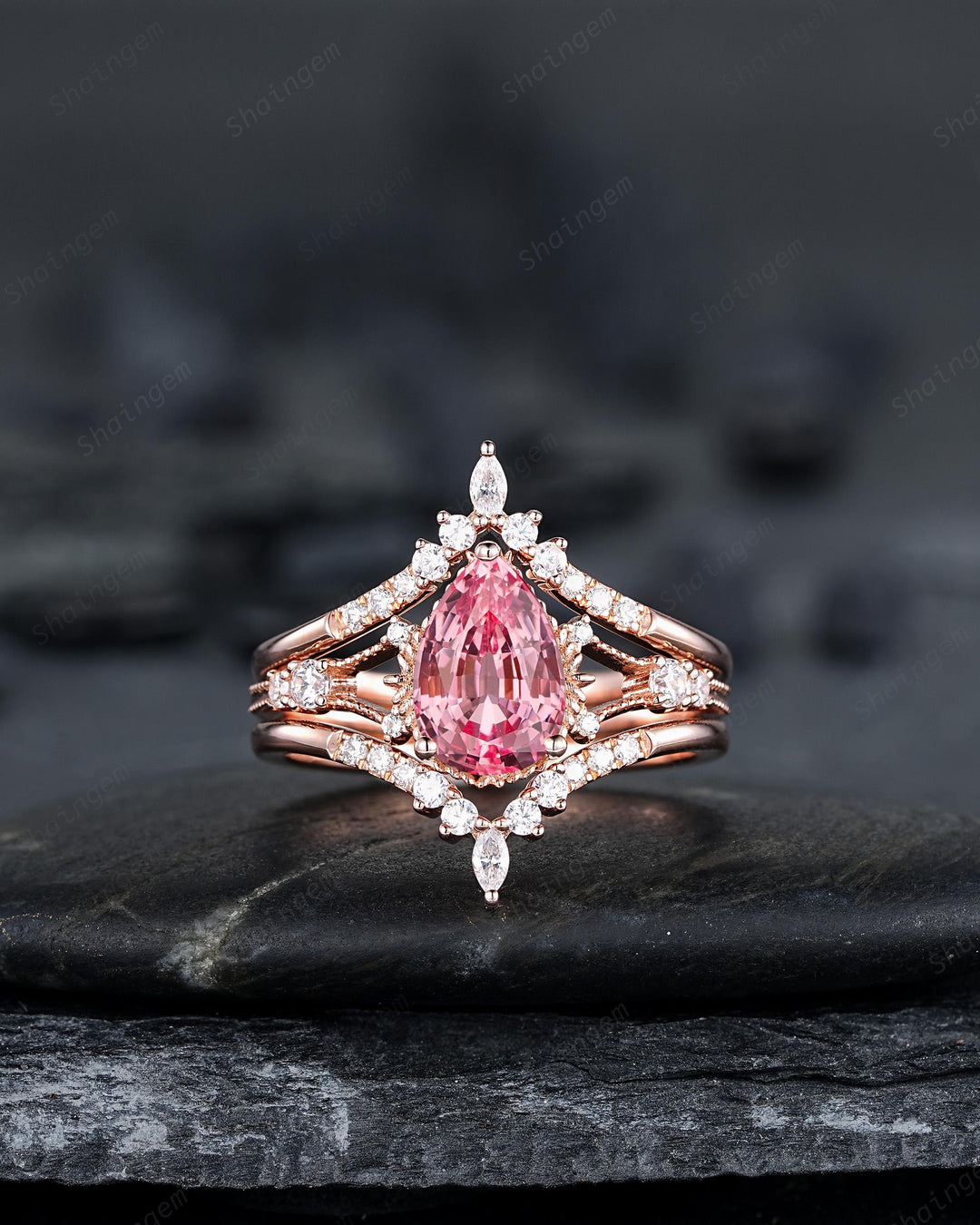 3PCS Pear Shape Pink Sapphire Engagement Ring Set, Solid Rose Gold Bridal Set, Unique Split Shank Wedding Set Promise Ring, Platinum Rings - ShainJewelry