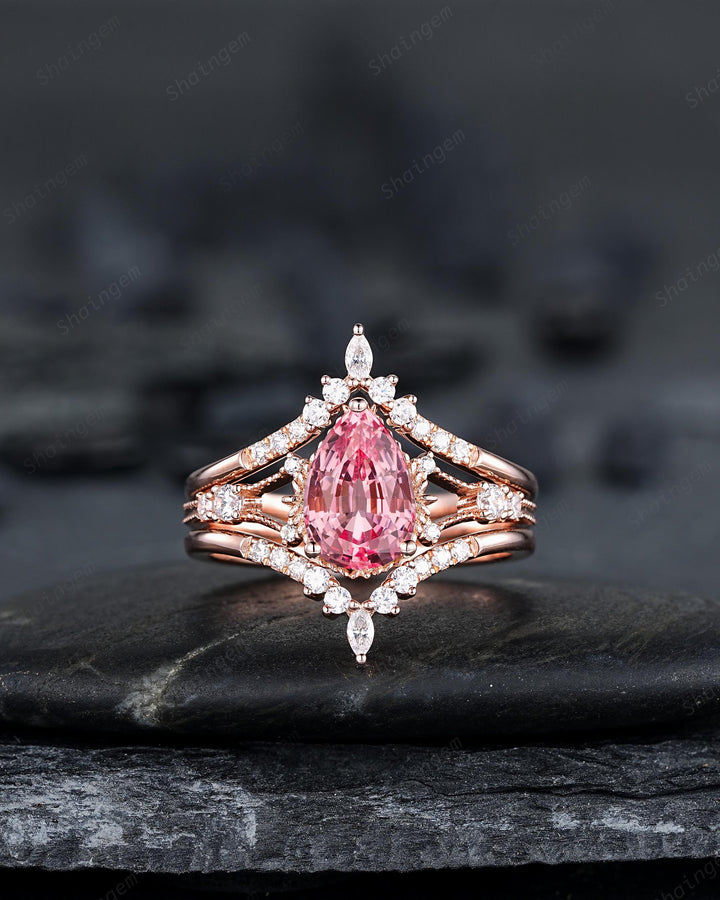 3PCS Pear Shape Pink Sapphire Engagement Ring Set, Solid Rose Gold Bridal Set, Unique Split Shank Wedding Set Promise Ring, Platinum Rings - ShainJewelry