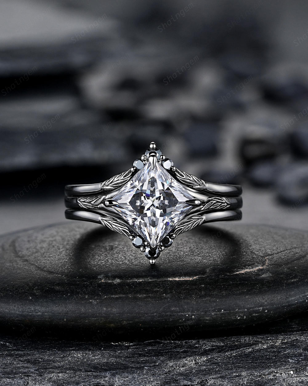 3PCS Princess Cut Gray Moissanite Engagement Ring Set, Gothic Bridal Set, Black Rhodium Wedding Set, Black Promise Rings, Witchy Ring - ShainJewelry