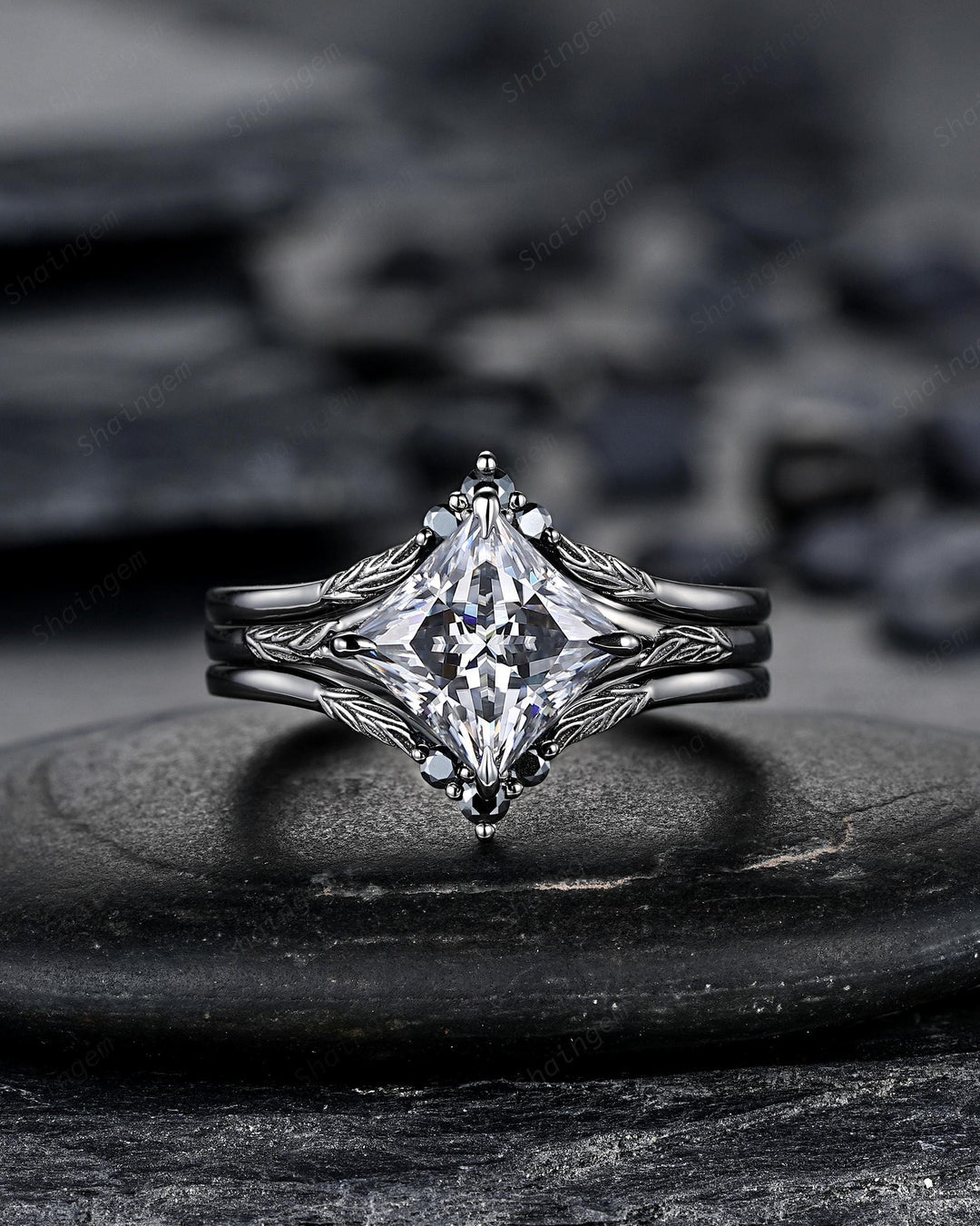 3PCS Princess Cut Gray Moissanite Engagement Ring Set, Gothic Bridal Set, Black Rhodium Wedding Set, Black Promise Rings, Witchy Ring - ShainJewelry