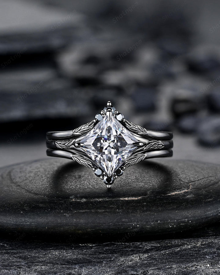 3PCS Princess Cut Gray Moissanite Engagement Ring Set, Gothic Bridal Set, Black Rhodium Wedding Set, Black Promise Rings, Witchy Ring - ShainJewelry