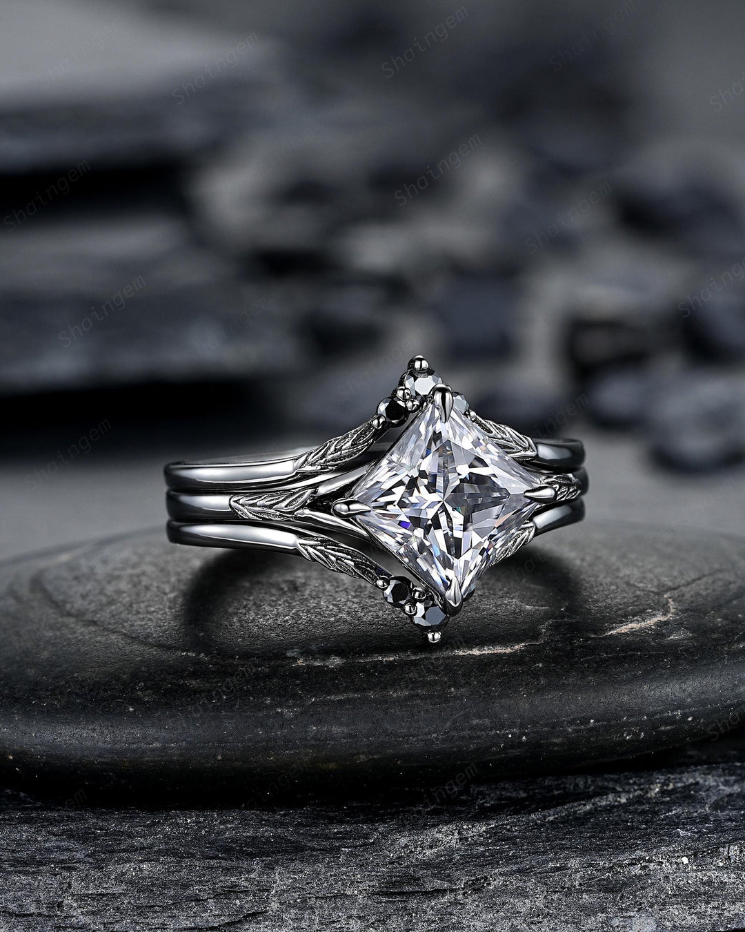 3PCS Princess Cut Gray Moissanite Engagement Ring Set, Gothic Bridal Set, Black Rhodium Wedding Set, Black Promise Rings, Witchy Ring - ShainJewelry