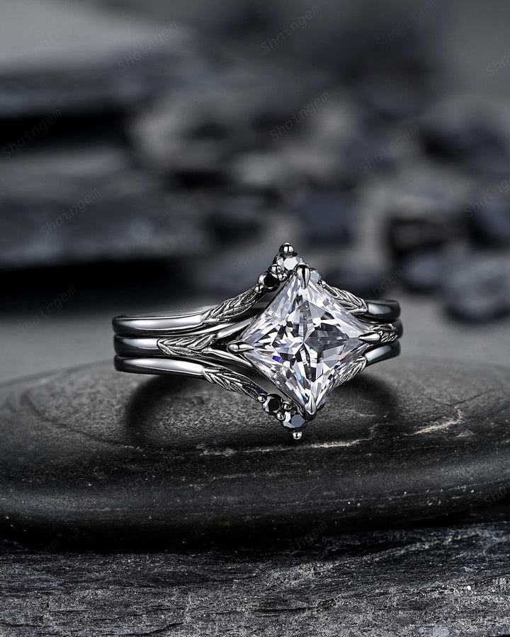 3PCS Princess Cut Gray Moissanite Engagement Ring Set, Gothic Bridal Set, Black Rhodium Wedding Set, Black Promise Rings, Witchy Ring - ShainJewelry