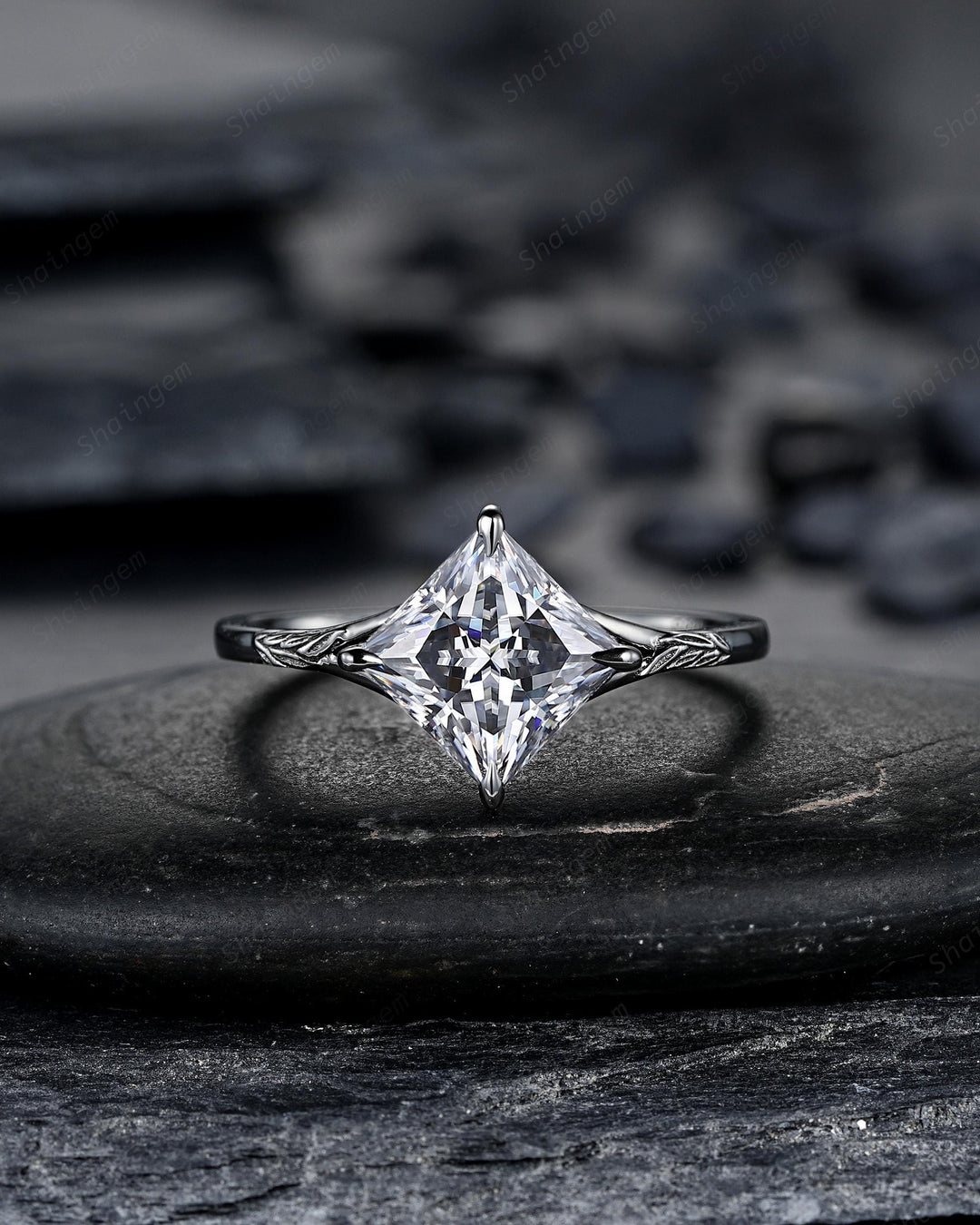 3PCS Princess Cut Gray Moissanite Engagement Ring Set, Gothic Bridal Set, Black Rhodium Wedding Set, Black Promise Rings, Witchy Ring - ShainJewelry