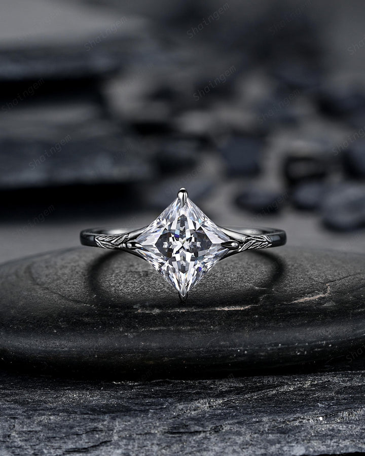 3PCS Princess Cut Gray Moissanite Engagement Ring Set, Gothic Bridal Set, Black Rhodium Wedding Set, Black Promise Rings, Witchy Ring - ShainJewelry