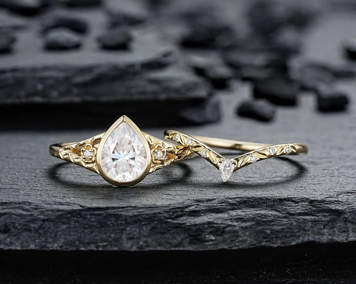 Vintage Pear Moissanite and Diamond Engagement Ring Bridal Set, 14K Yellow Gold Moissanite Full Bezel Leaf Spilt Shank Promise Wedding Ring - ShainJewelry