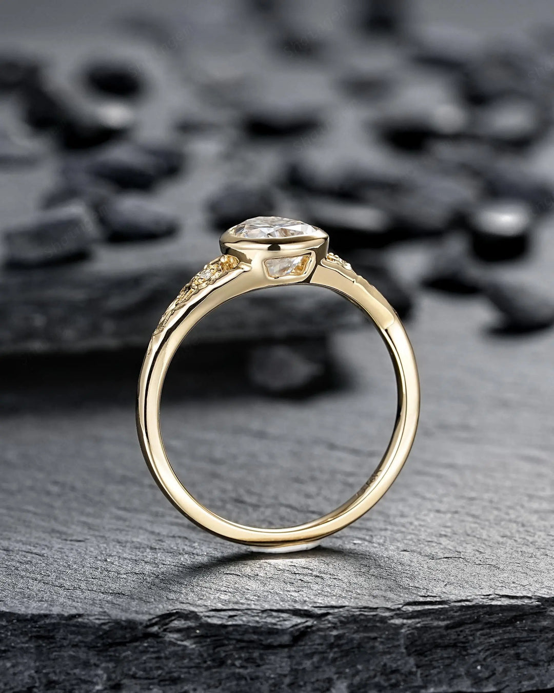 Vintage Pear Moissanite and Diamond Engagement Ring Bridal Set, 14K Yellow Gold Moissanite Full Bezel Leaf Spilt Shank Promise Wedding Ring - ShainJewelry