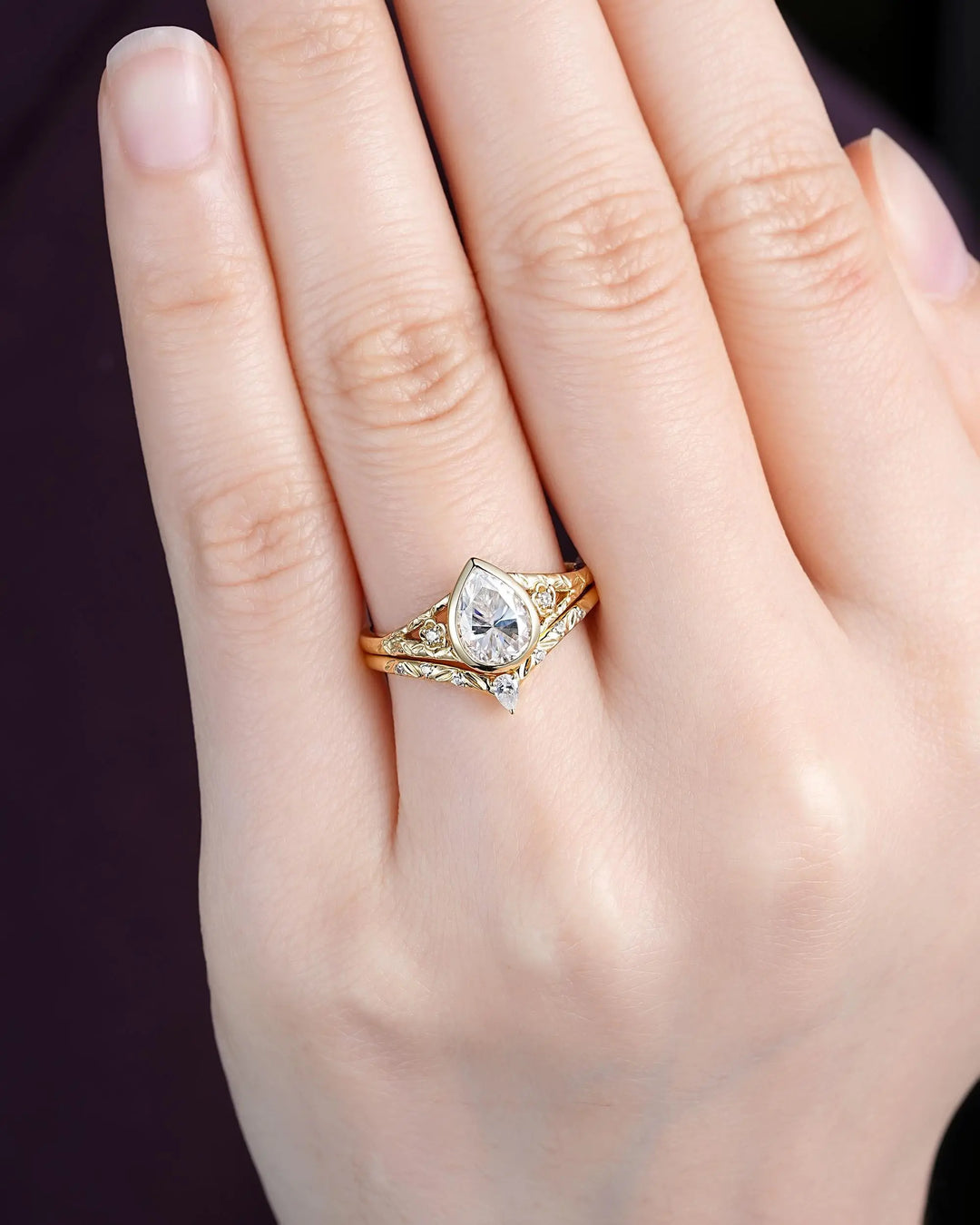 Vintage Pear Moissanite and Diamond Engagement Ring Bridal Set, 14K Yellow Gold Moissanite Full Bezel Leaf Spilt Shank Promise Wedding Ring - ShainJewelry