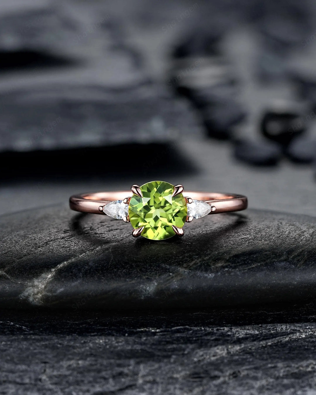 Round Shape Natural Peridot and Moissanite Engagement Ring Set, Rose Gold Diamond Promise Ring Anniversary Gift for Woman, August Birthstone - ShainJewelry