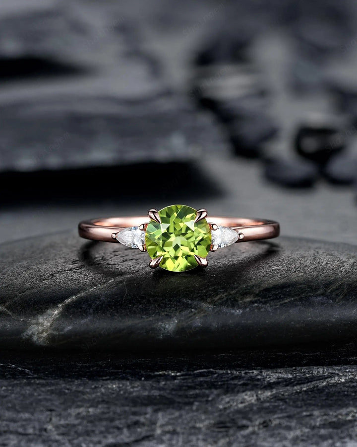 Round Shape Natural Peridot and Moissanite Engagement Ring Set, Rose Gold Diamond Promise Ring Anniversary Gift for Woman, August Birthstone - ShainJewelry