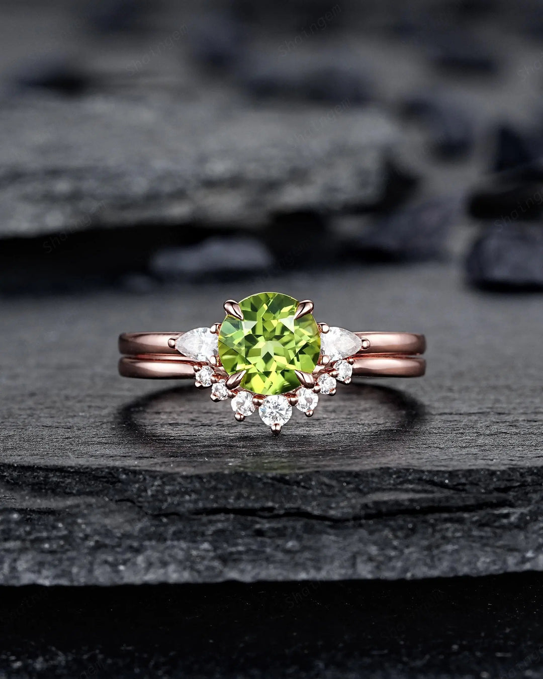 Round Shape Natural Peridot and Moissanite Engagement Ring Set, Rose Gold Diamond Promise Ring Anniversary Gift for Woman, August Birthstone - ShainJewelry