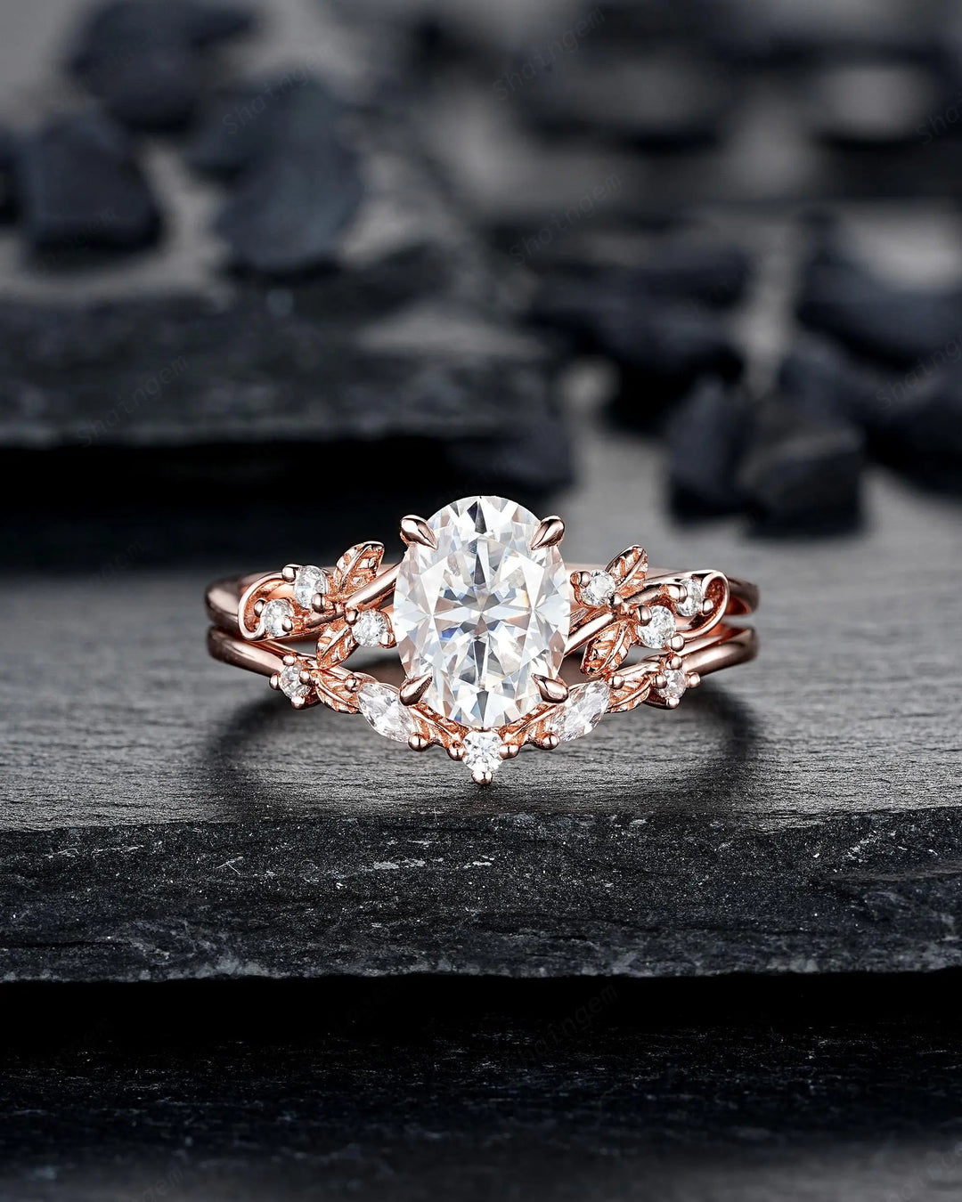 Oval Shape Moissanite Engagement Ring Set: 14k Rose Gold Leaf Wedding Rings For Women, Nature Inspired Leaf Diamond Promise Ring Bridal Set - ShainJewelry