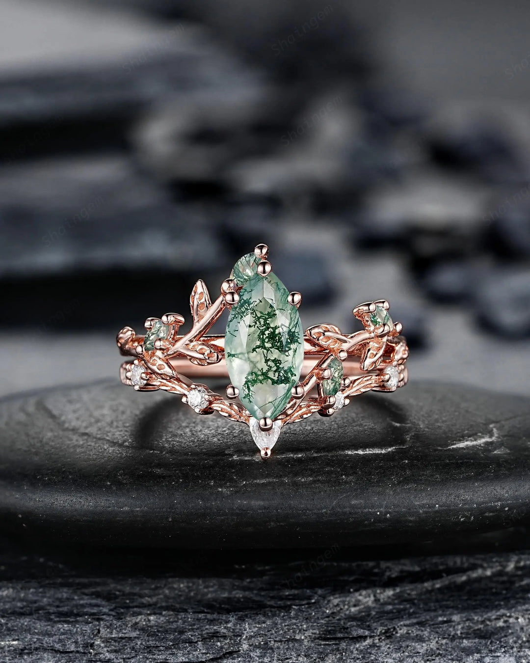 Marquise Moss Agate Engagement Rings: Solid Rose Gold Twig Branch Wedding Set, Nature Inspired Leaf Vine Promise Ring, 24K Gold Plated - ShainJewelry