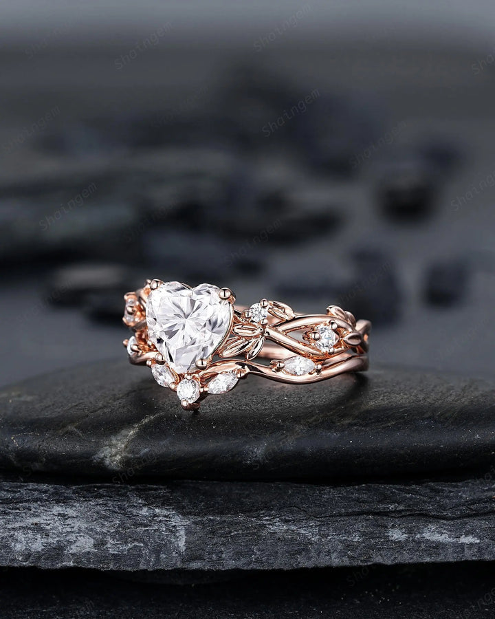 Heart Shape Moissanite Engagement Ring, Rose Gold Leaf Wedding Set, Diamond Promise Ring, Twig Branch Bridal Set, 24K Gold Plated, Platinum - ShainJewelry