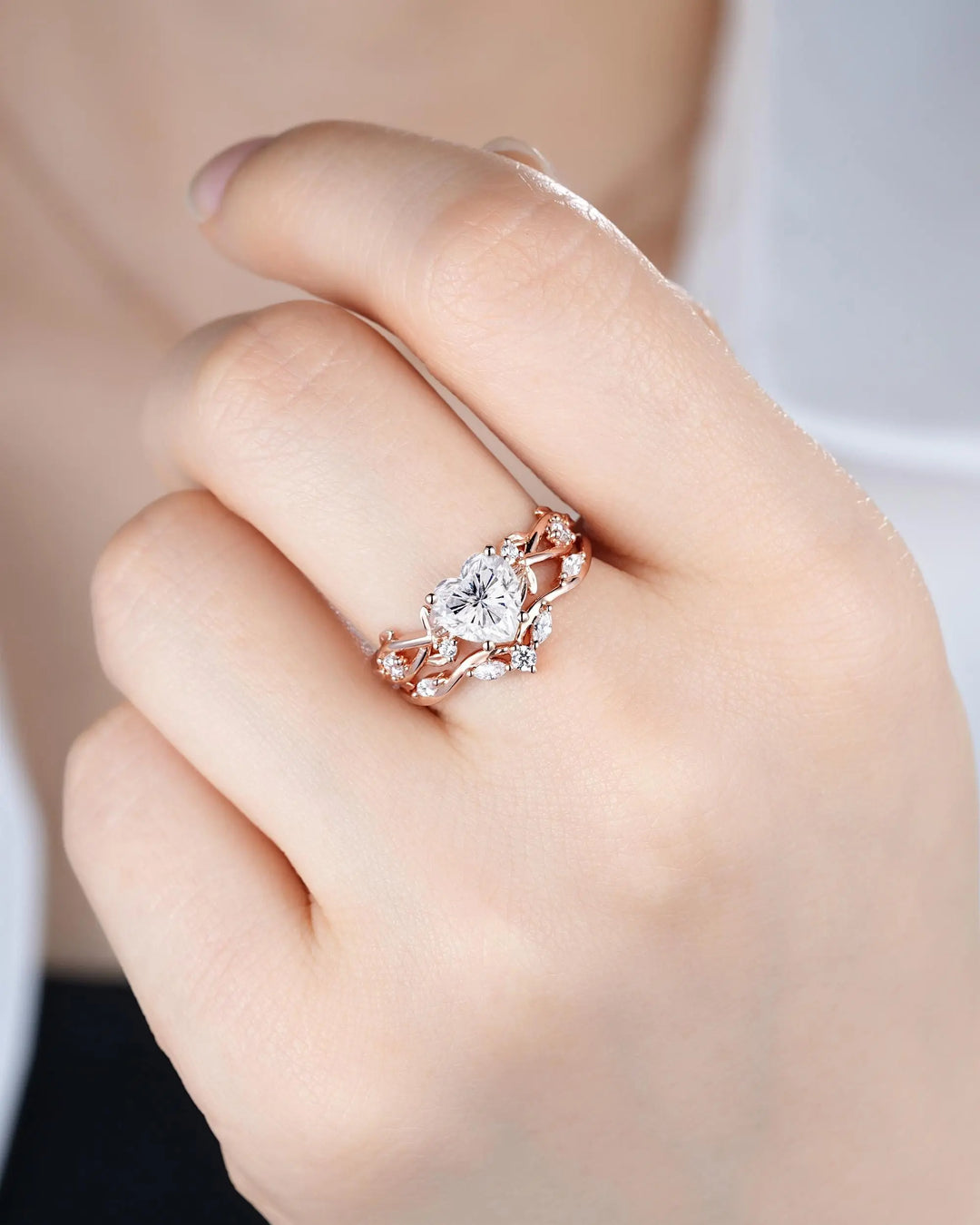 Heart Shape Moissanite Engagement Ring, Rose Gold Leaf Wedding Set, Diamond Promise Ring, Twig Branch Bridal Set, 24K Gold Plated, Platinum - ShainJewelry