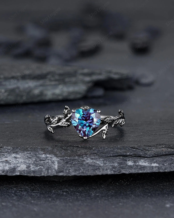 Gothic Heart Shape Alexandrite Engagement Ring: Dark Black Rhodium Twig Branch Promise Ring, Vine Wedding Ring, Solitaire June Birthstone - ShainJewelry