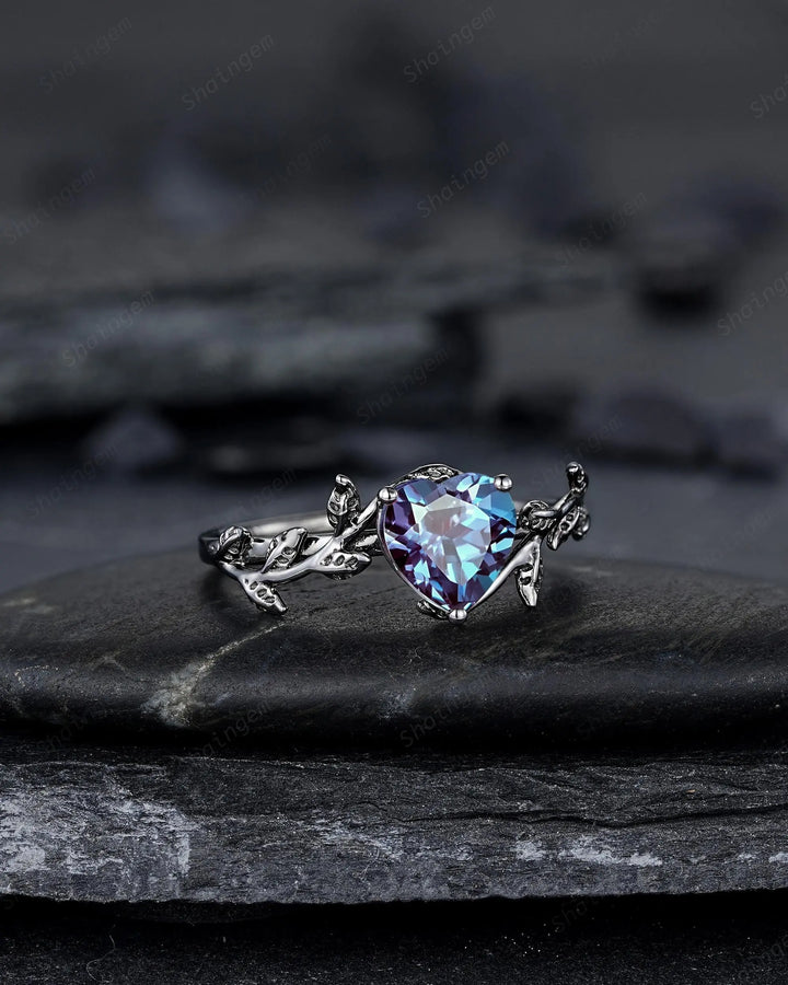 Gothic Heart Shape Alexandrite Engagement Ring: Dark Black Rhodium Twig Branch Promise Ring, Vine Wedding Ring, Solitaire June Birthstone - ShainJewelry
