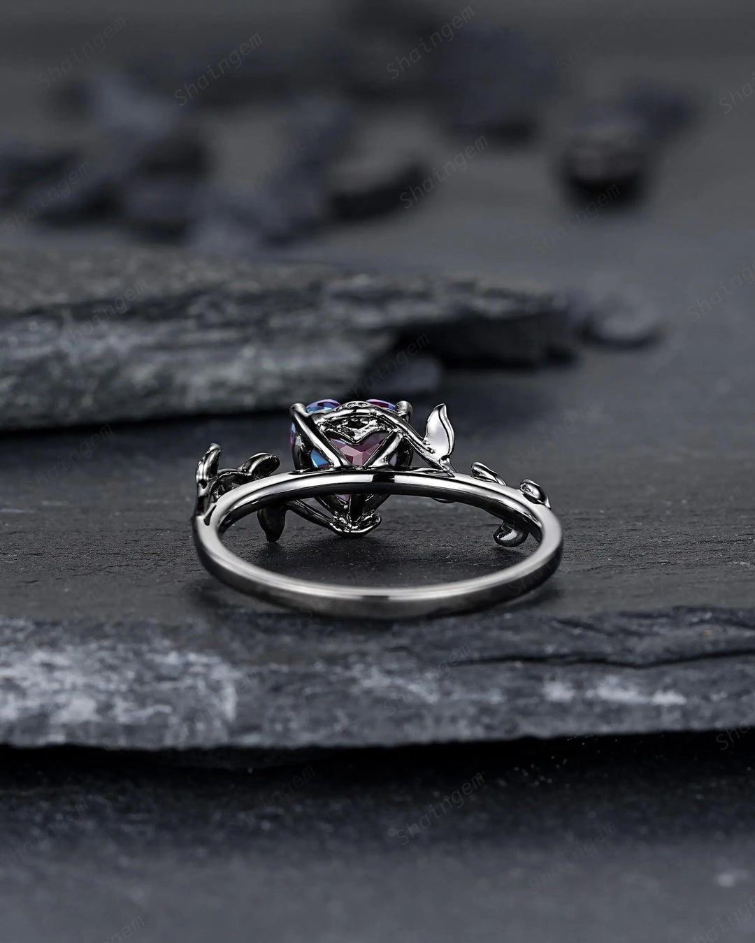 Gothic Heart Shape Alexandrite Engagement Ring: Dark Black Rhodium Twig Branch Promise Ring, Vine Wedding Ring, Solitaire June Birthstone - ShainJewelry