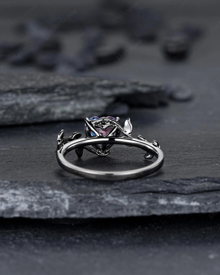 Gothic Heart Shape Alexandrite Engagement Ring: Dark Black Rhodium Twig Branch Promise Ring, Vine Wedding Ring, Solitaire June Birthstone - ShainJewelry