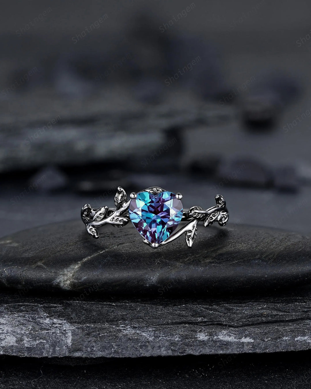 Gothic Heart Shape Alexandrite Engagement Ring: Dark Black Rhodium Twig Branch Promise Ring, Vine Wedding Ring, Solitaire June Birthstone - ShainJewelry
