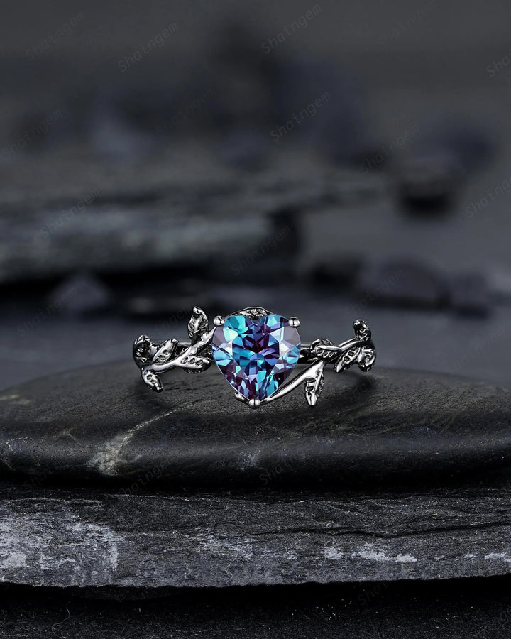 Gothic Heart Shape Alexandrite Engagement Ring: Dark Black Rhodium Twig Branch Promise Ring, Vine Wedding Ring, Solitaire June Birthstone - ShainJewelry