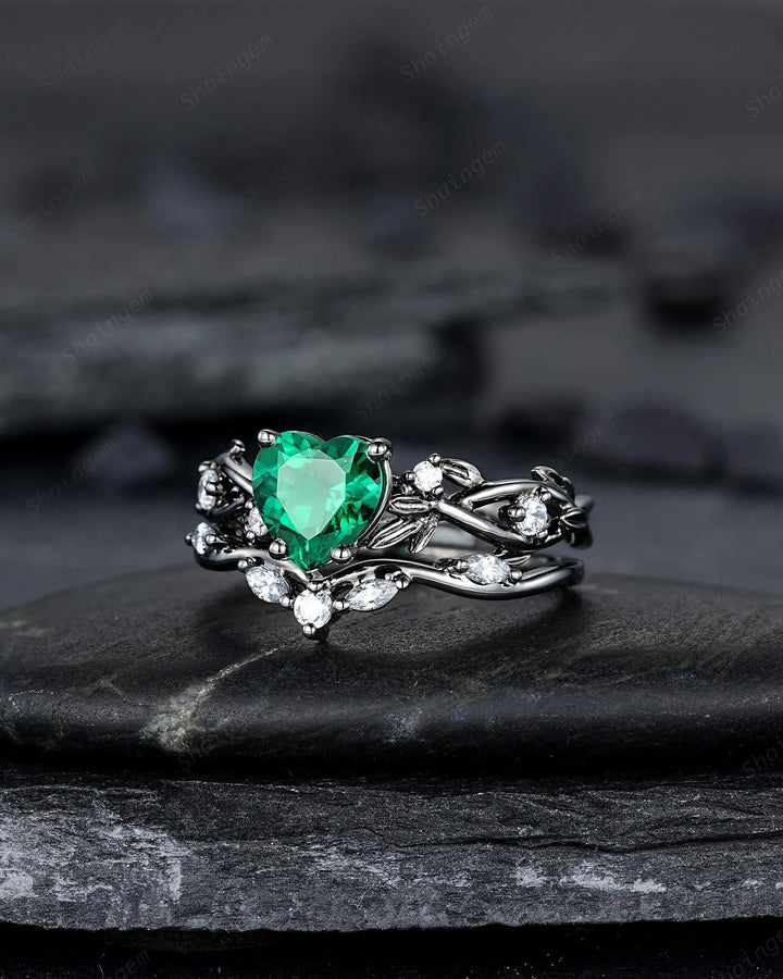 Gothic Heart Shape Emerald Engagement Ring Set: Dark Black Rhodium Promise Ring, Twig Leaf Wedding Ring, Unique Black Gold May Birthstone - ShainJewelry