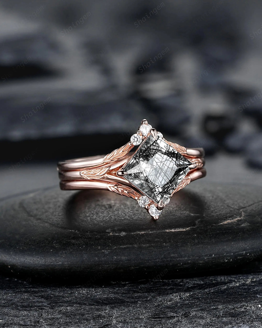 Unique 3PCS Princess Cut Black Rutilated Solitaire Engagement Ring: Nature Inspired Vine Wedding Set Rose Gold Promise Ring, Engraved Leaf - ShainJewelry