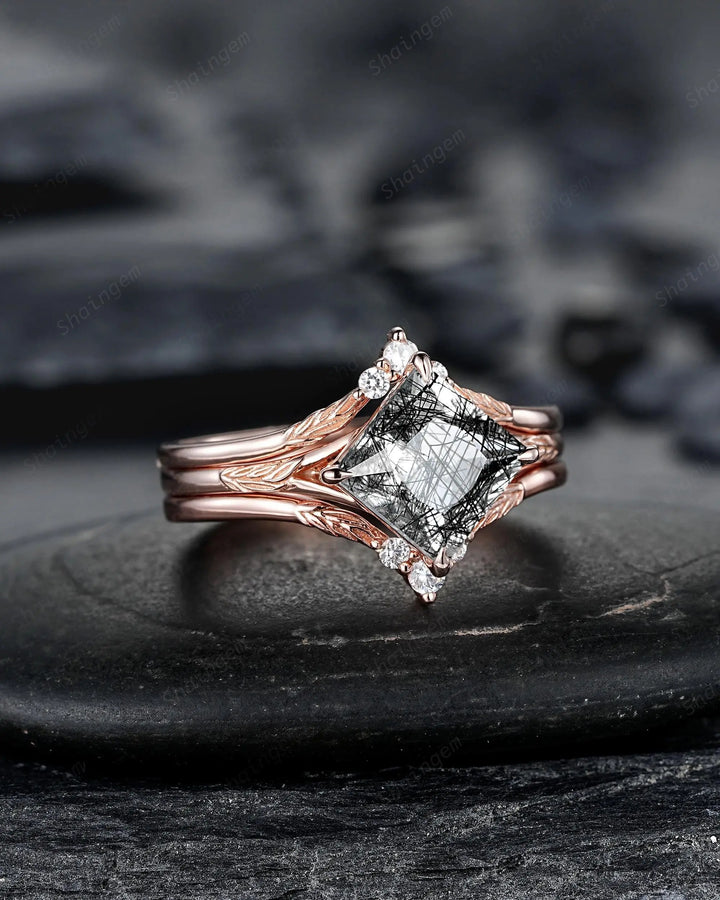 Unique 3PCS Princess Cut Black Rutilated Solitaire Engagement Ring: Nature Inspired Vine Wedding Set Rose Gold Promise Ring, Engraved Leaf - ShainJewelry