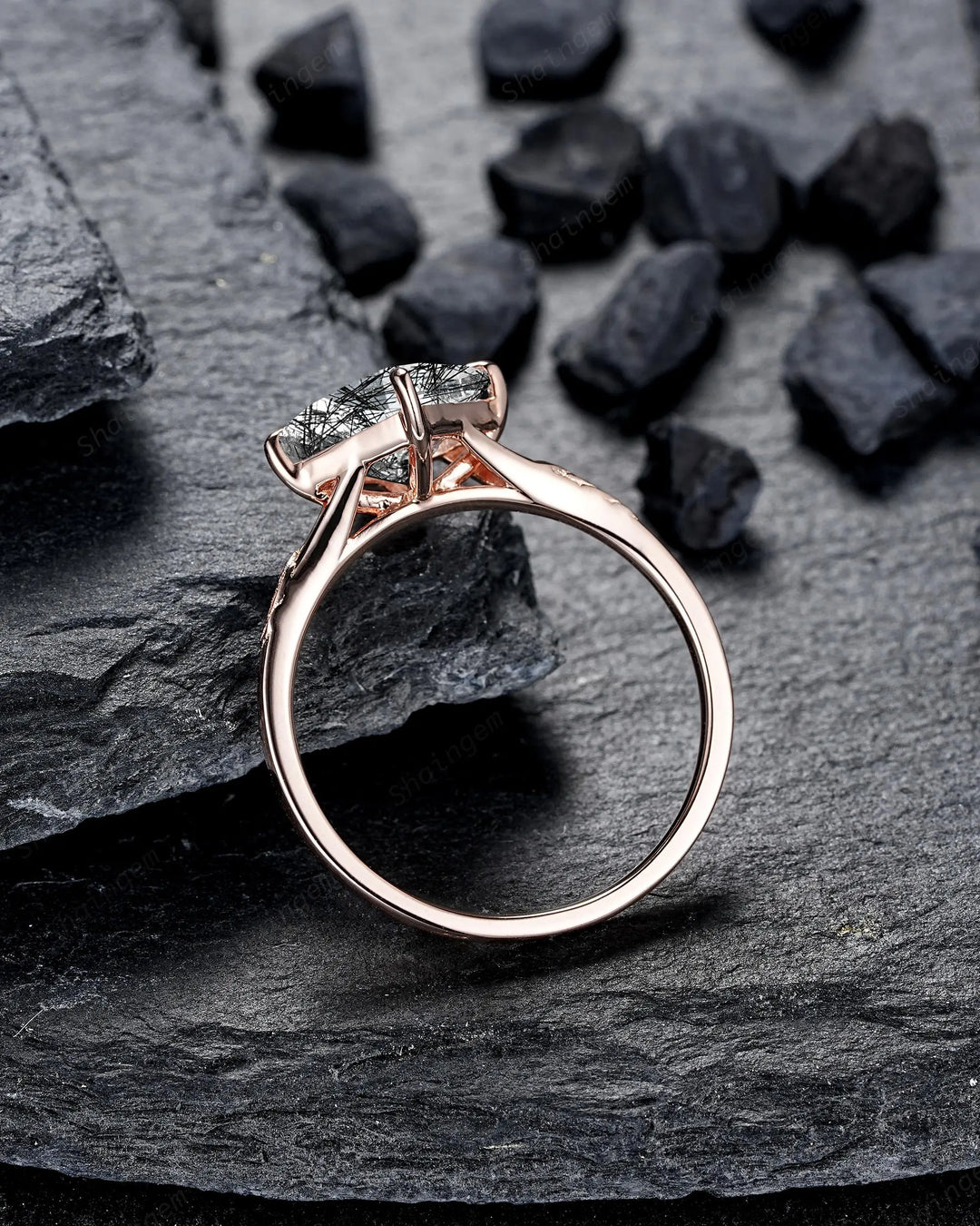 Unique 3PCS Princess Cut Black Rutilated Solitaire Engagement Ring: Nature Inspired Vine Wedding Set Rose Gold Promise Ring, Engraved Leaf - ShainJewelry