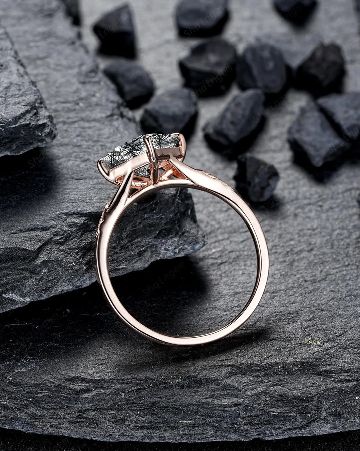 Unique 3PCS Princess Cut Black Rutilated Solitaire Engagement Ring: Nature Inspired Vine Wedding Set Rose Gold Promise Ring, Engraved Leaf - ShainJewelry