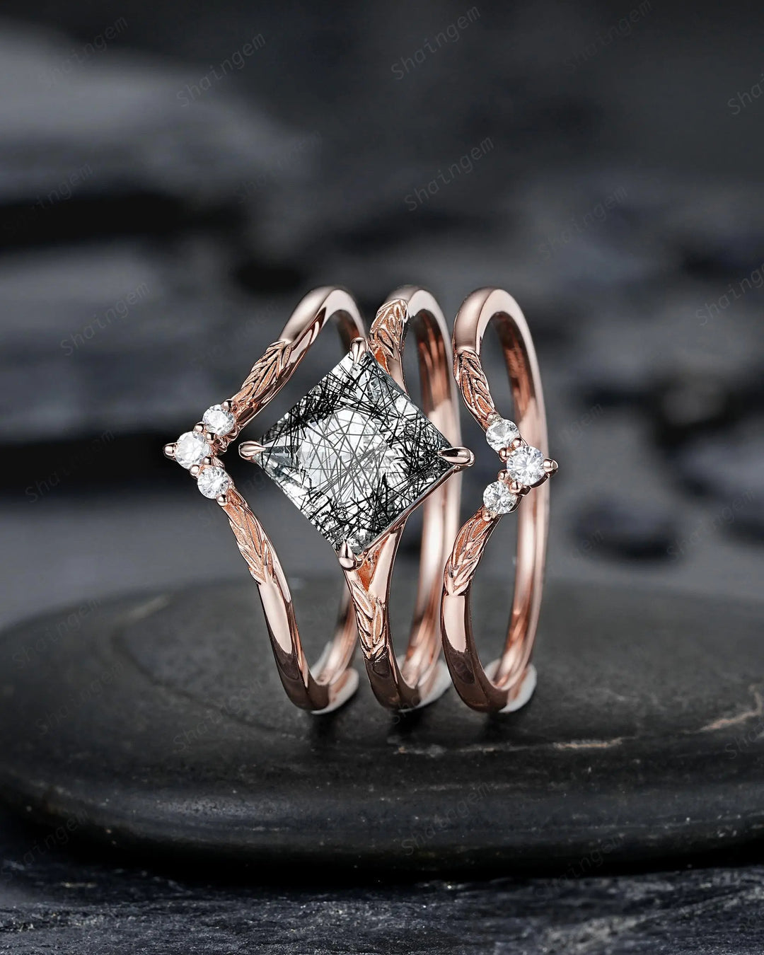 Unique 3PCS Princess Cut Black Rutilated Solitaire Engagement Ring: Nature Inspired Vine Wedding Set Rose Gold Promise Ring, Engraved Leaf - ShainJewelry